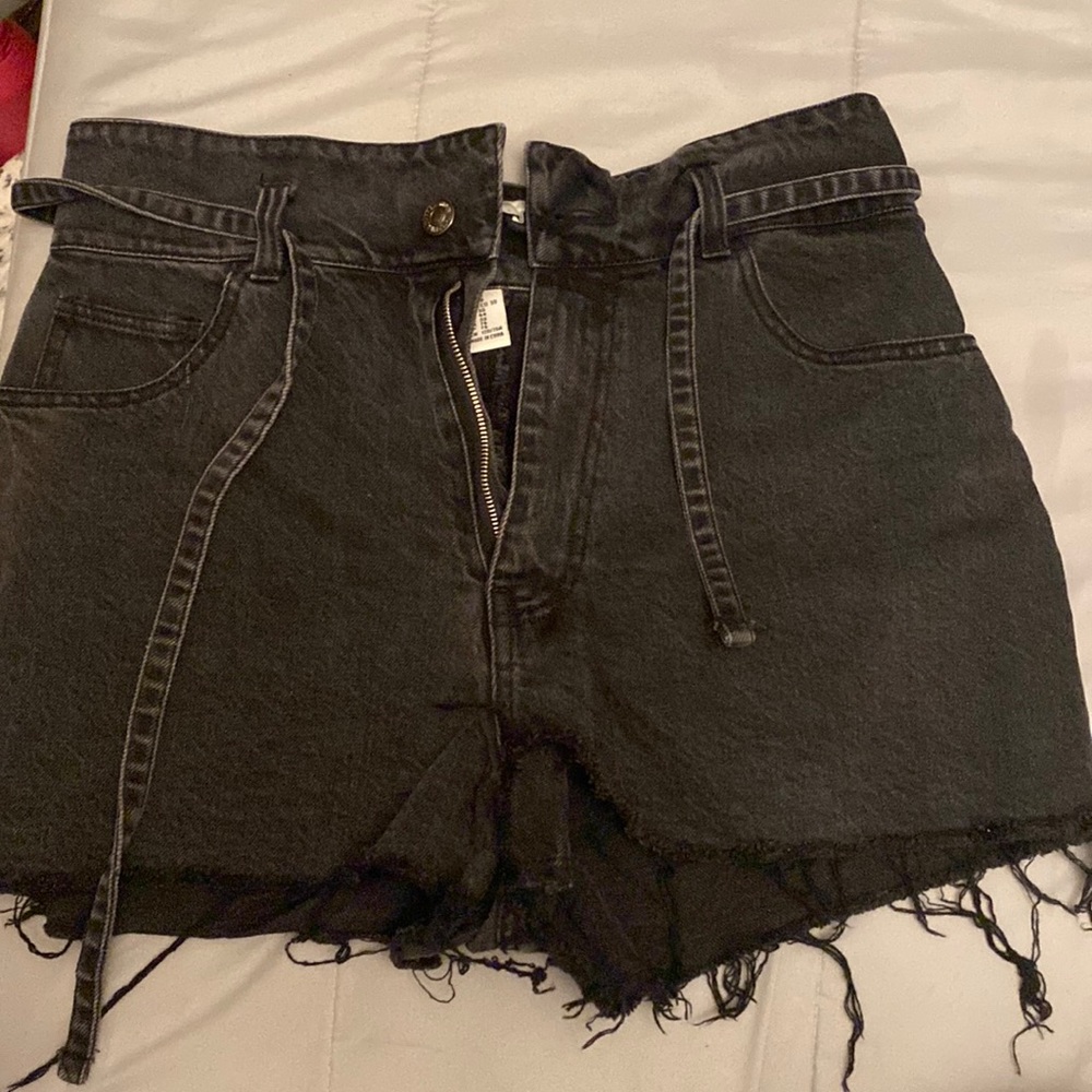 Faded black denim high waisted shorts